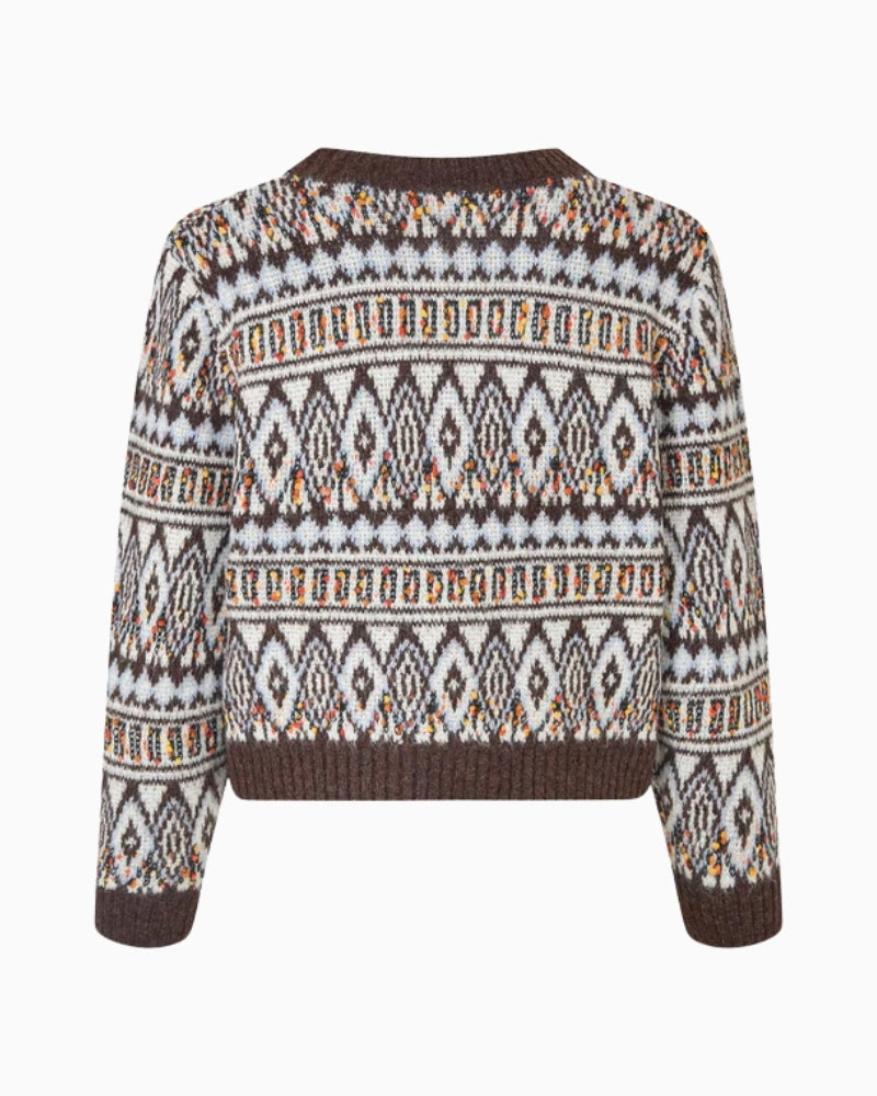 Back view of cropped brown knit cardigan with ribbed hem and sleeve cuffs