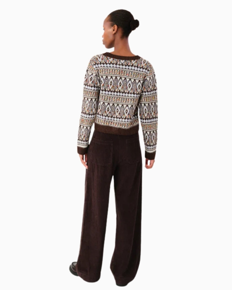 Back view of cropped brown knit cardigan with ribbed hem and sleeve cuffs