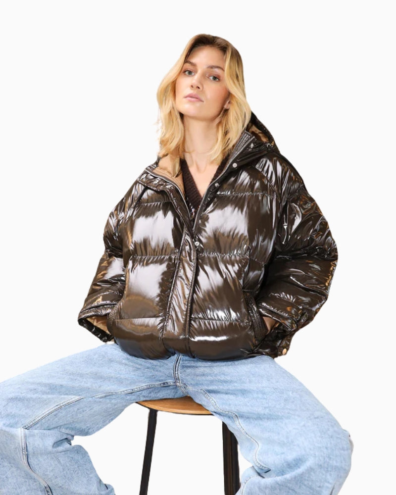 Oversized brown puffer jacket with glossy finish and quilted pockets by Lollys Laundry