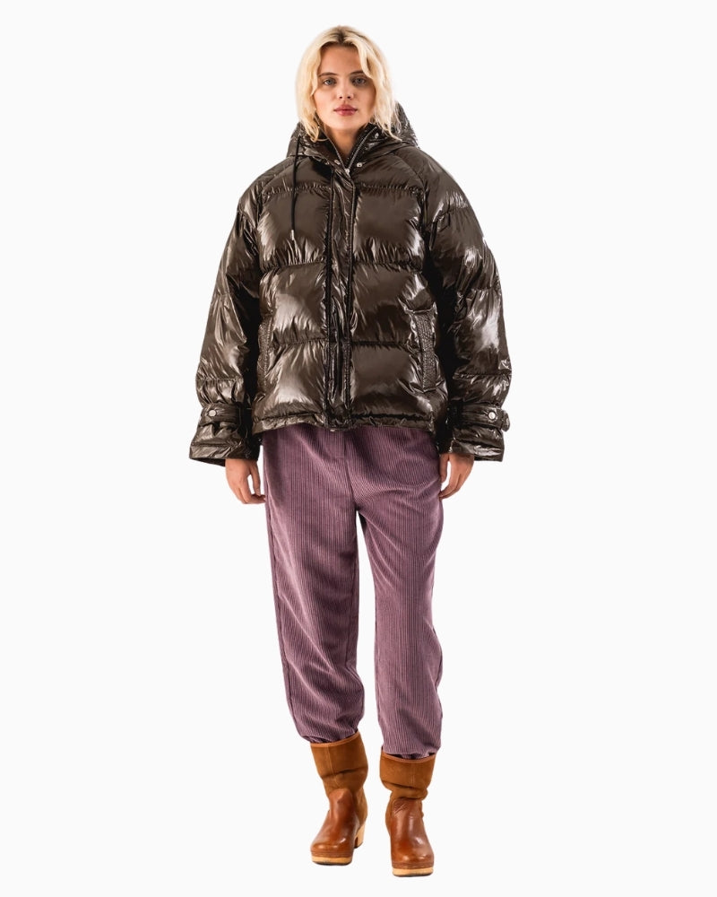 Front view of ShelbyLL coat showing high collar, hood, and drawstring hem