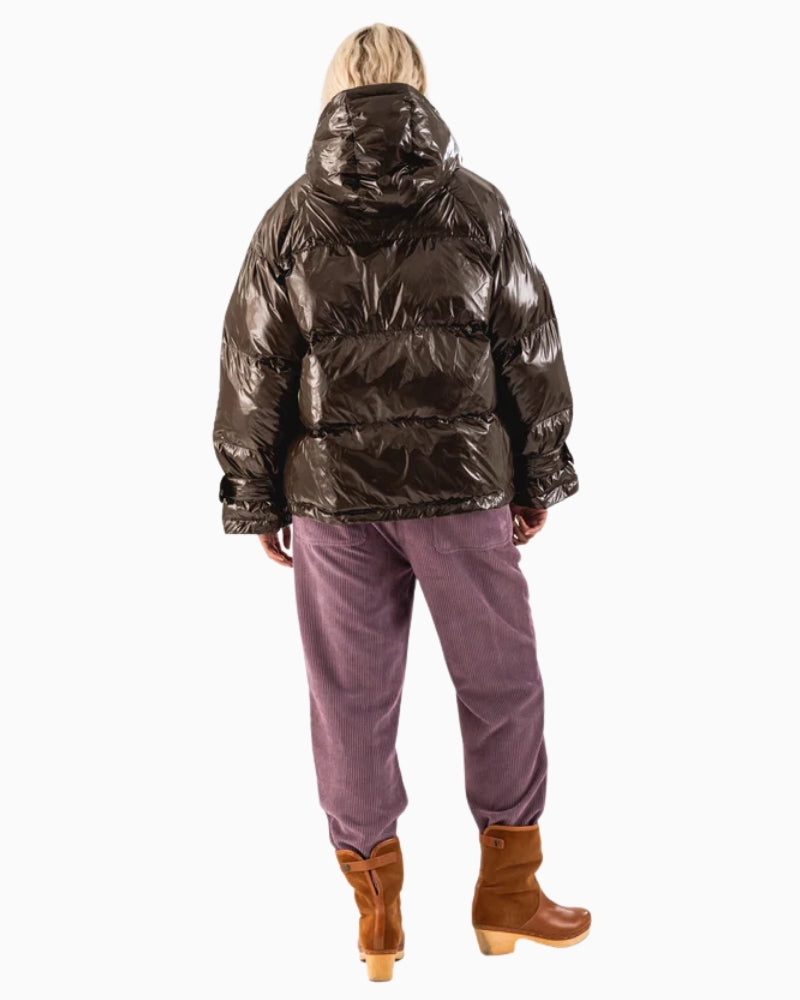 Back of long puffer coat with roomy fit and sporty quilted design