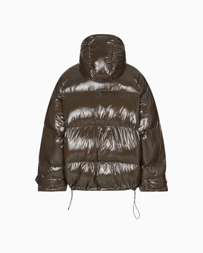 Back of long puffer coat with roomy fit and sporty quilted design