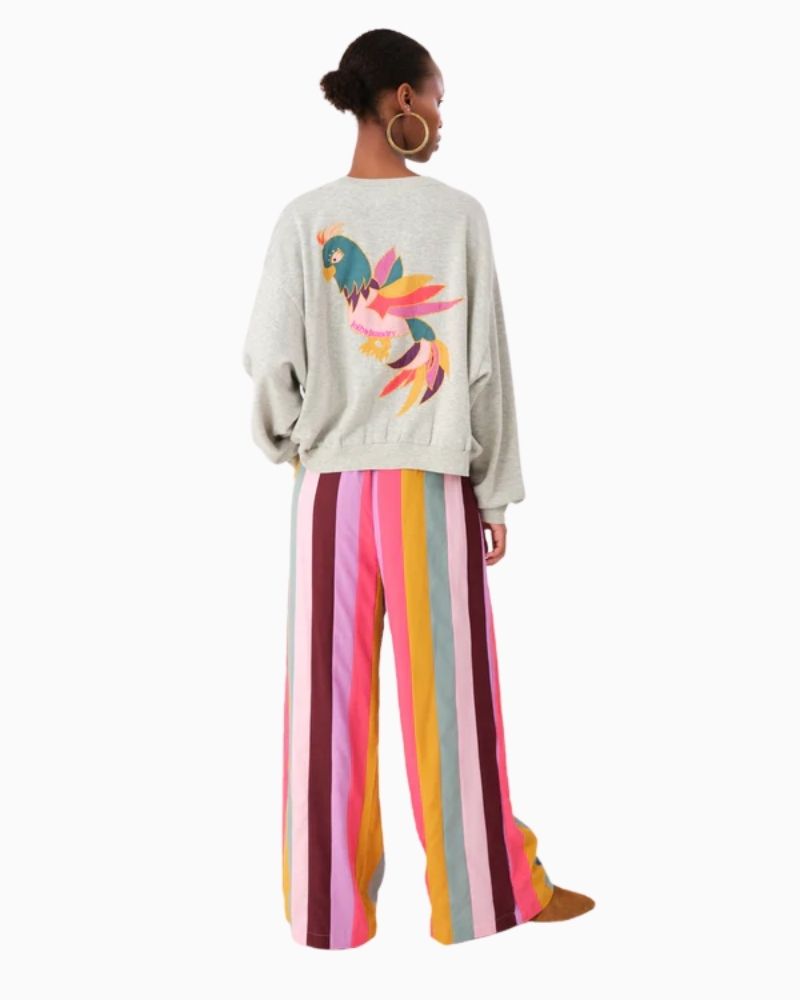Back view of Sydney sweatshirt showing colourful parrot design and relaxed fit