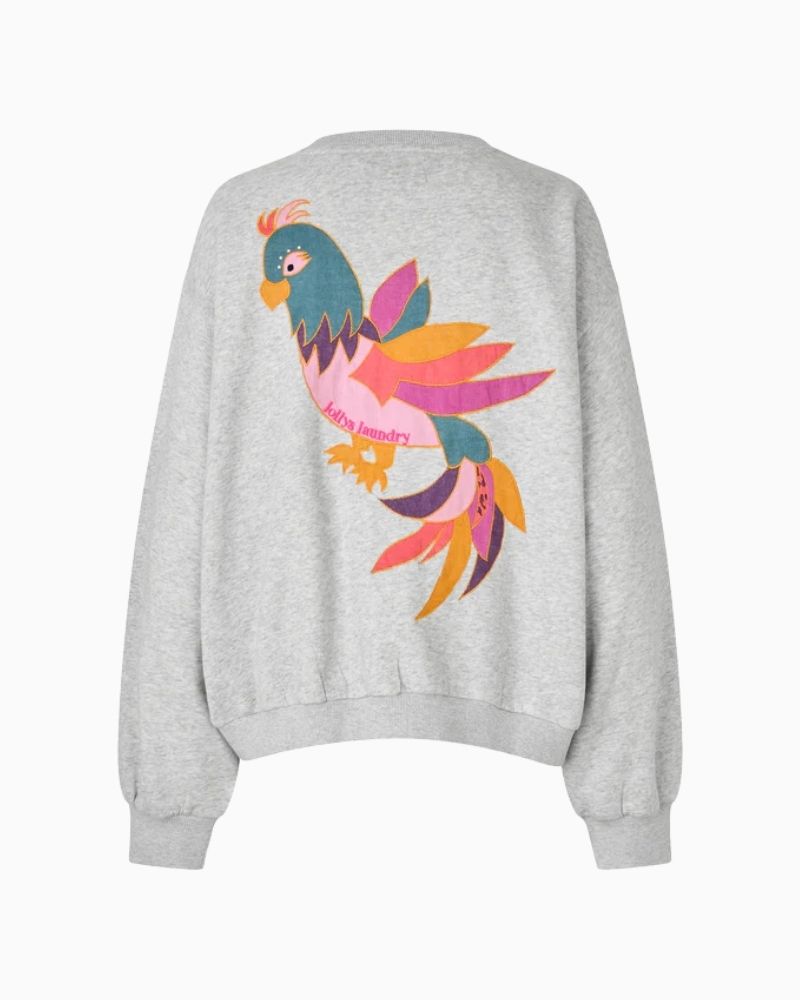 Back view of Sydney sweatshirt showing colourful parrot design and relaxed fit
