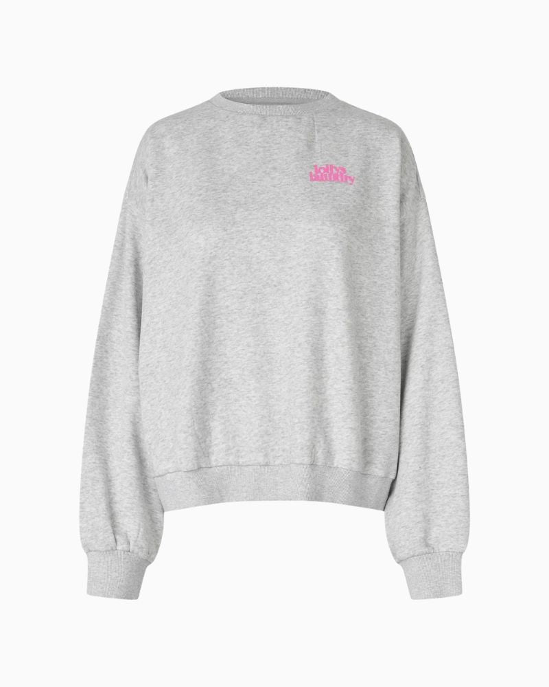 Lollys Laundry grey sweatshirt with embroidered logo on front and cockatoo print on back