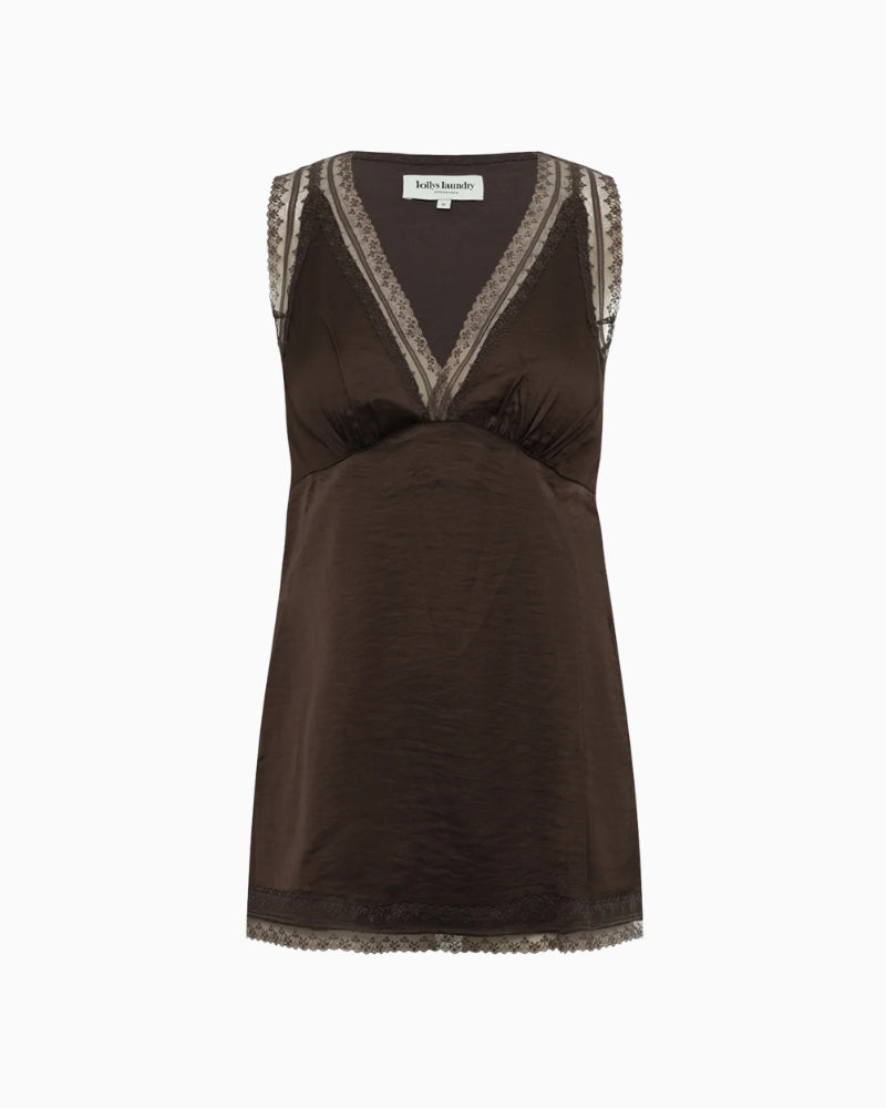 Lollys Laundry CainLL Top in dark brown showing lace shoulder detail