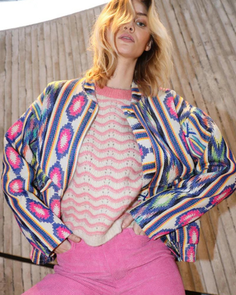 Close-up of textured jacquard fabric in vibrant colours