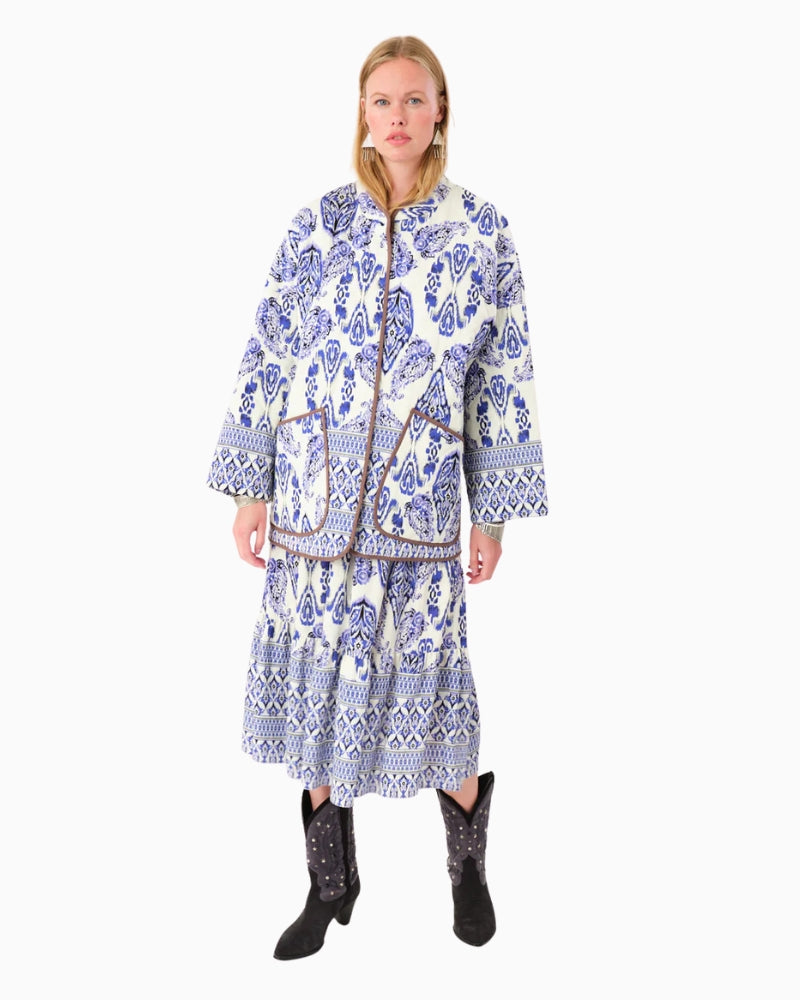Lightly padded kimono jacket by Lollys Laundry in blue paisley print