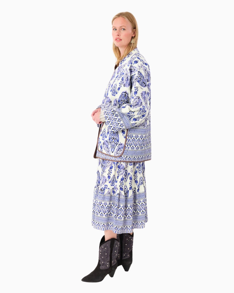 Side view of oversized kimono jacket with relaxed sleeve drop