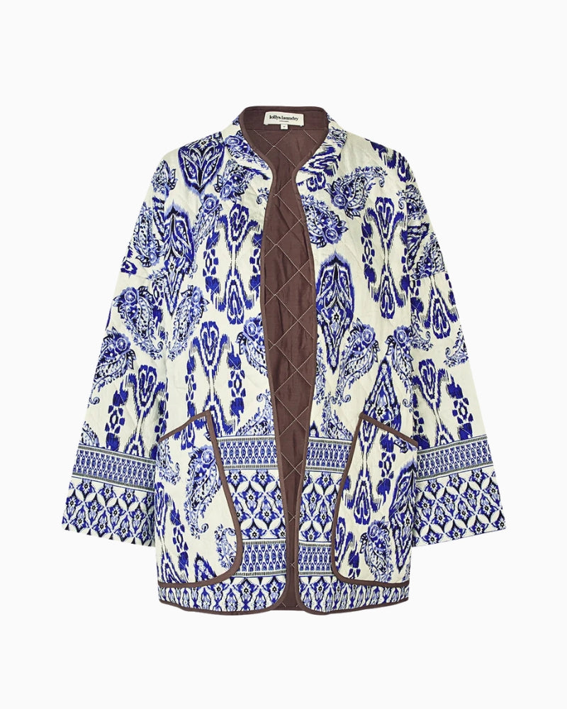 Front view of LuluLL jacket showing open front and large patch pockets