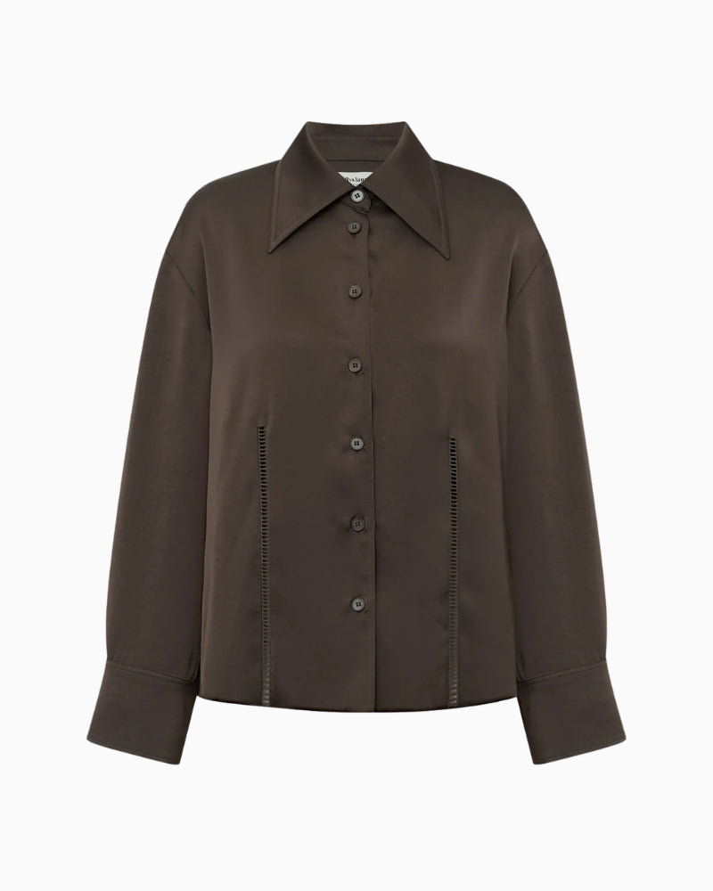 Lollys Laundry SolLL Shirt in Dark Brown collar and front detail