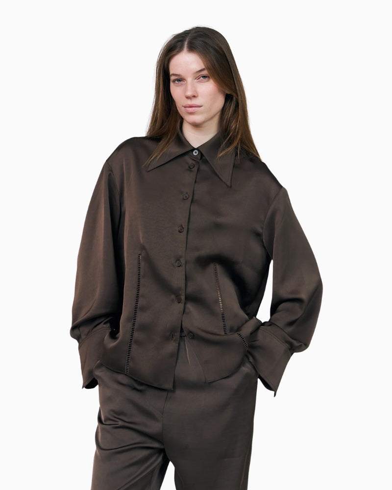 Lollys Laundry SolLL Shirt in Dark Brown styled front view
