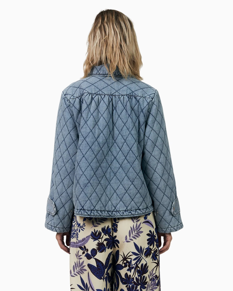 Woman wearing Lollys Laundry Violall jacket washed denim back view – Áines Boutique