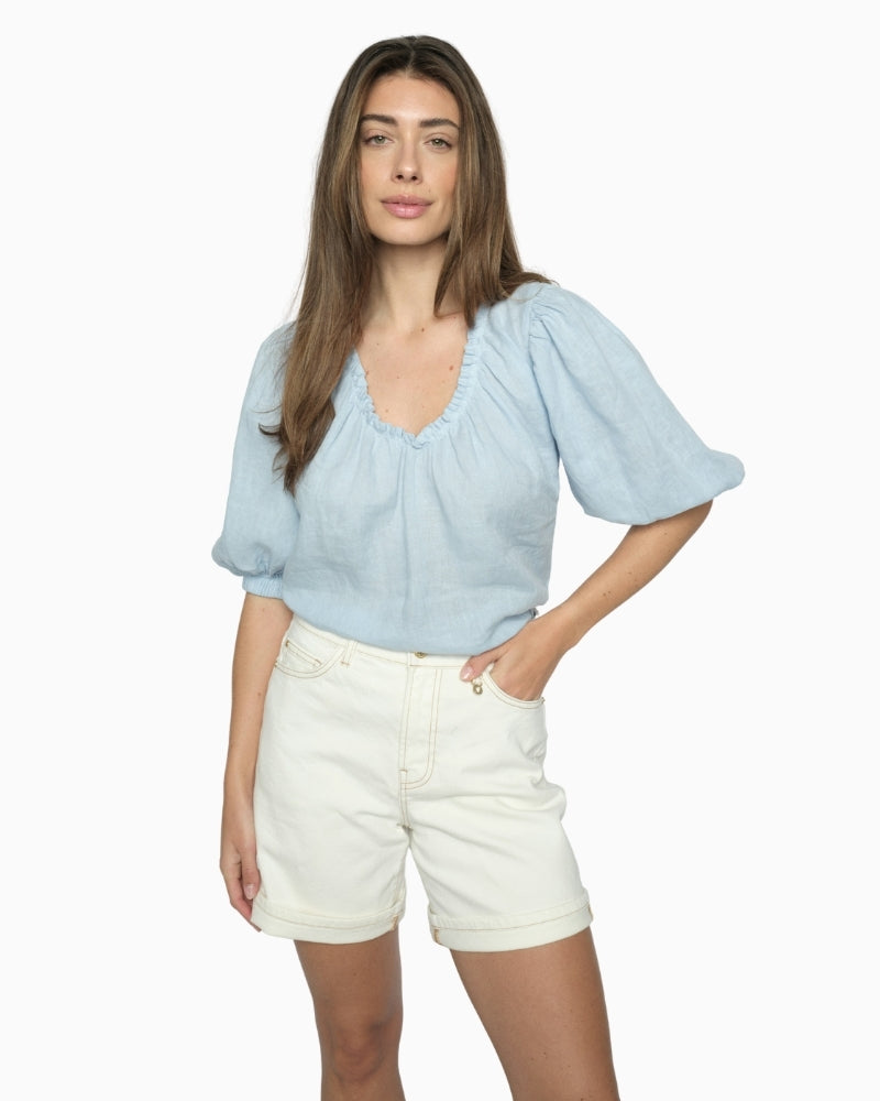 MOS MOSH Bati Denim Shorts ecru model front styling