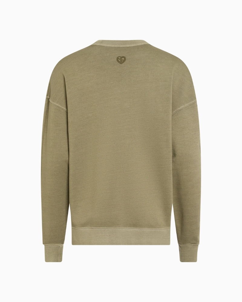 Back view of cotton sweatshirt with hip-length cut