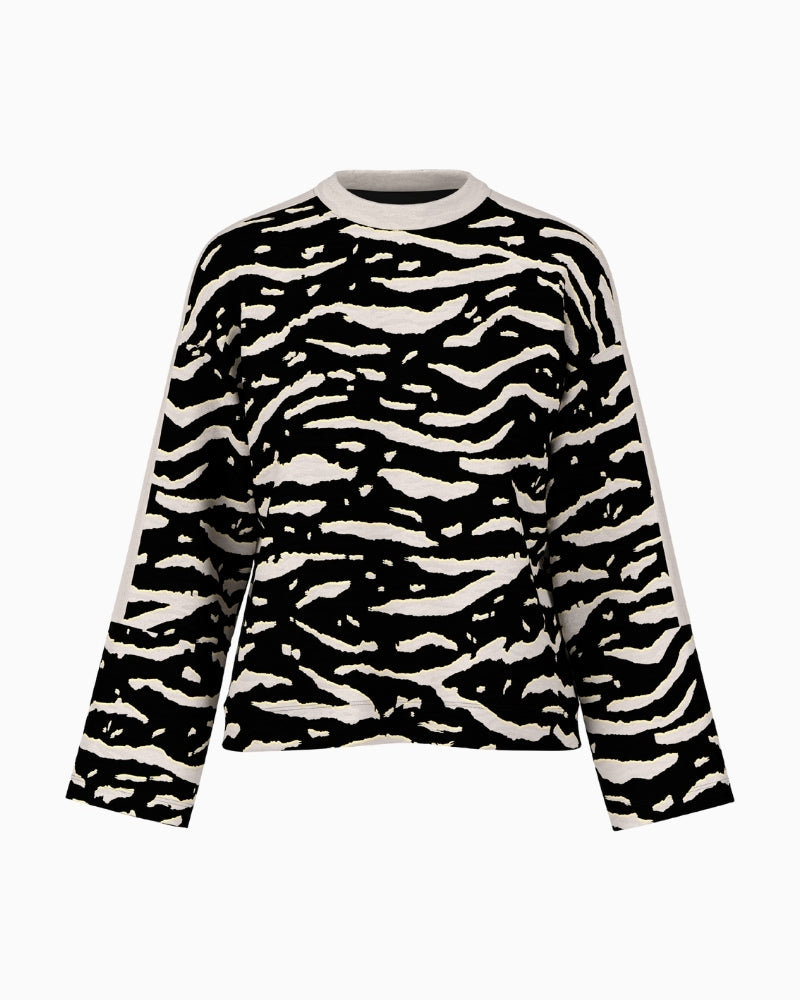 Front view of ribbed cotton top by Marc Cain with bold animal print