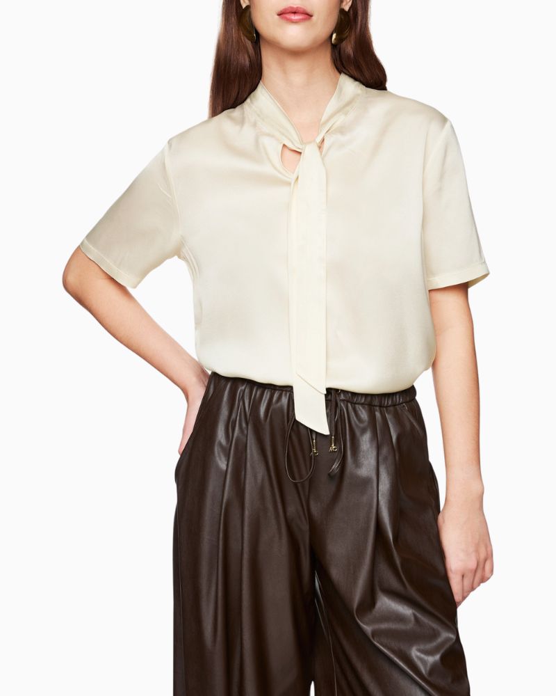 Marc Cain blouse shirt in bright ecru with silk front and bow neckline