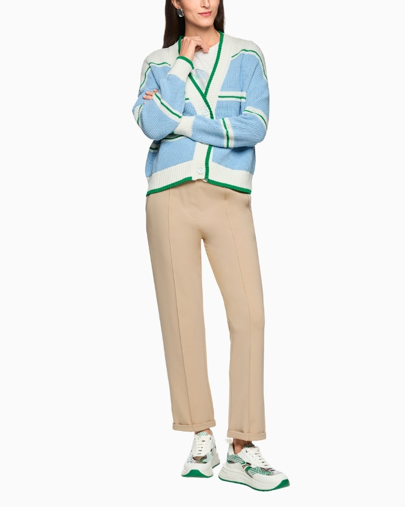 Woman wearing Marc Cain striped cardigan full outfit – Áines Boutique