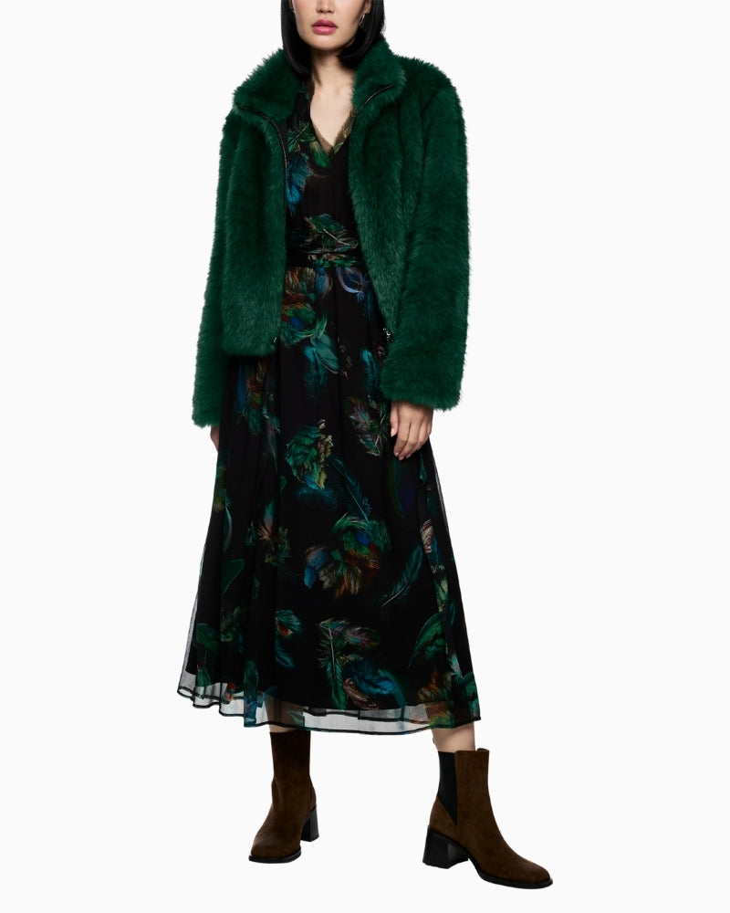 Cosy faux fur zip-up coat with relaxed fit and urban motif lining