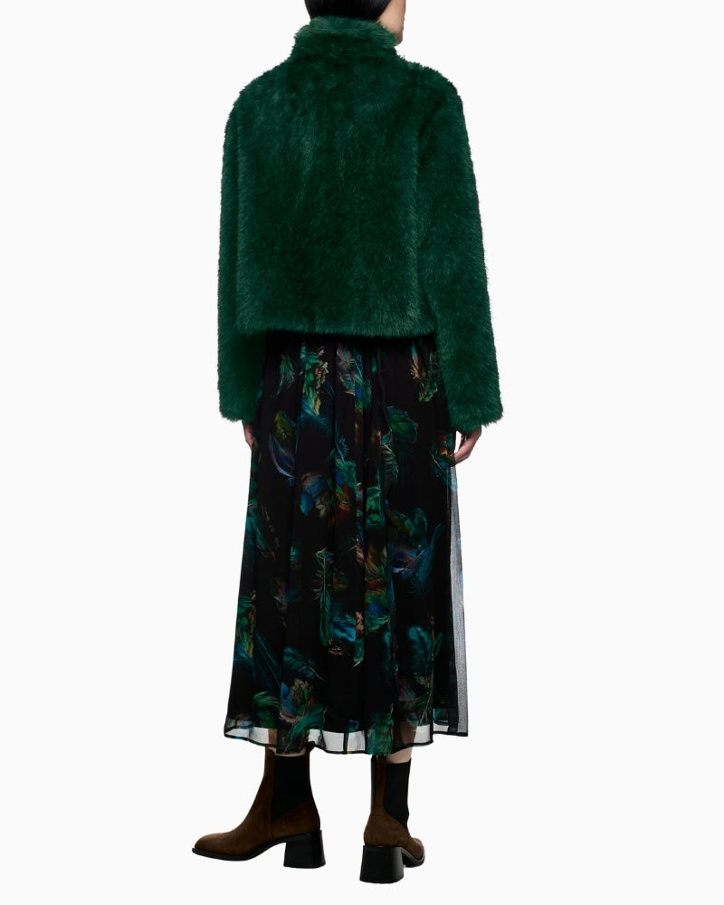 Back of Cosy faux fur zip-up coat with relaxed fit and urban motif lining