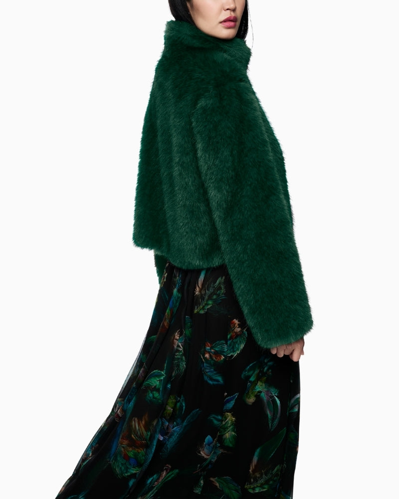 Cosy faux fur zip-up coat with relaxed fit and urban motif lining