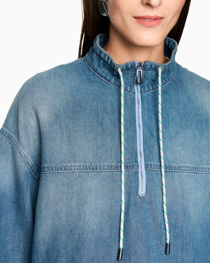 Marc Cain blue denim-style blouse collar and zip detail close-up – Áines Boutique