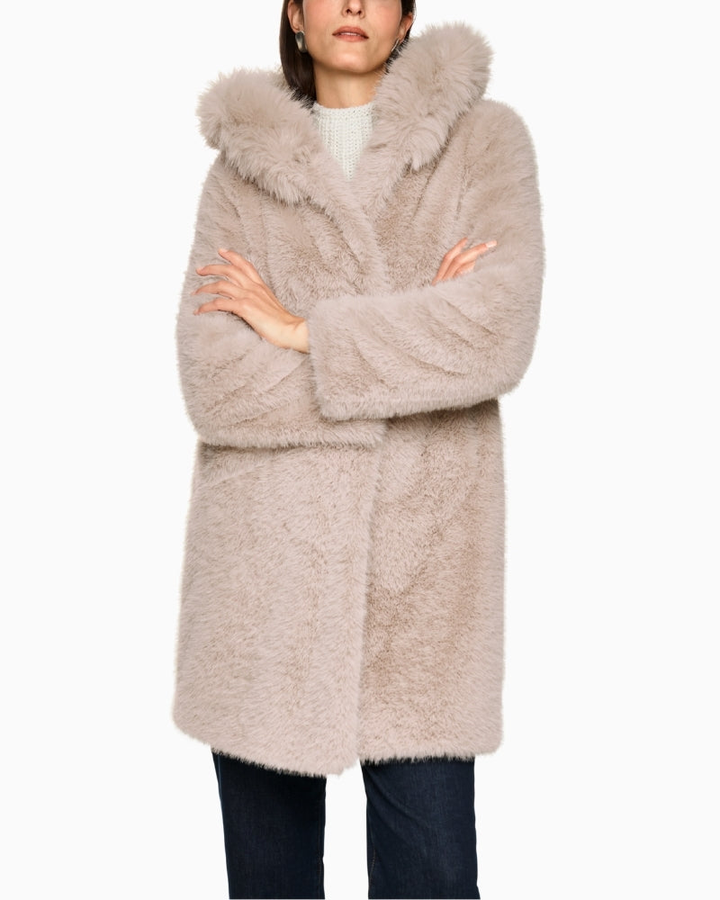 Front view of Marc Cain faux fur coat in stone with hood and press stud closure