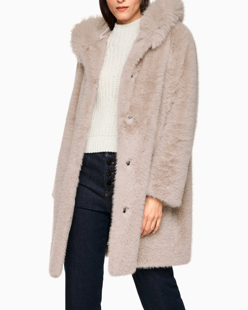 Front view of Marc Cain faux fur coat in stone with hood and press stud closure