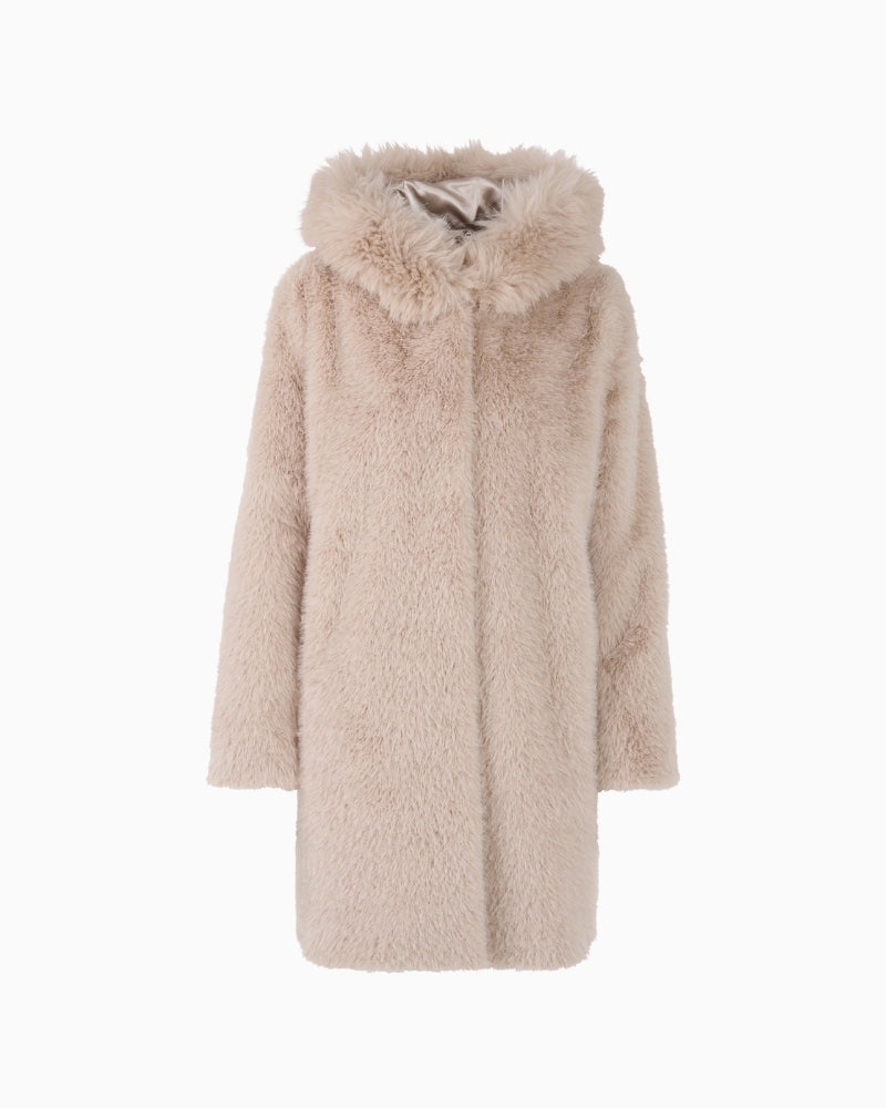 Front view of Marc Cain faux fur coat in stone with hood and press stud closure