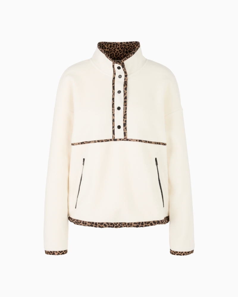 Front view of Marc Cain fleece jumper with stand-up collar and press stud fastening