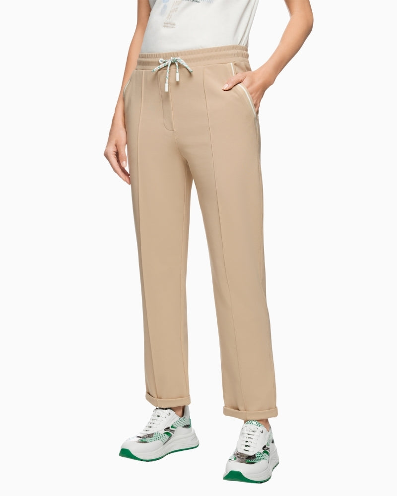 Marc Cain beige jersey drawstring trousers front view – Áines Boutique