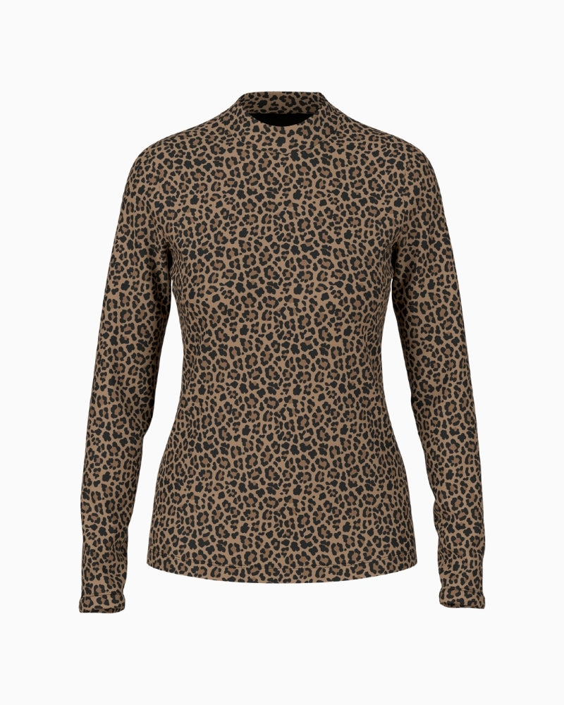 Front view of Marc Cain leopard print long-sleeved top with high neckline