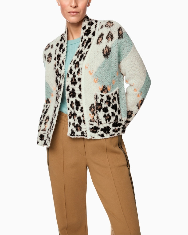 Front view of Marc Cain open cardigan with argyle knit and patch pockets