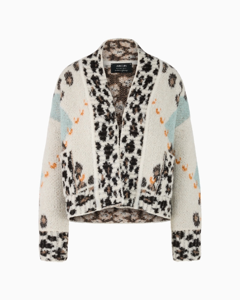 Front view of Marc Cain open cardigan with argyle knit and patch pockets