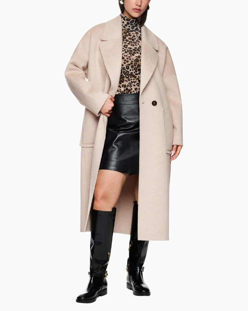 Oversized camel wool coat by Marc Cain with soft texture and relaxed fit