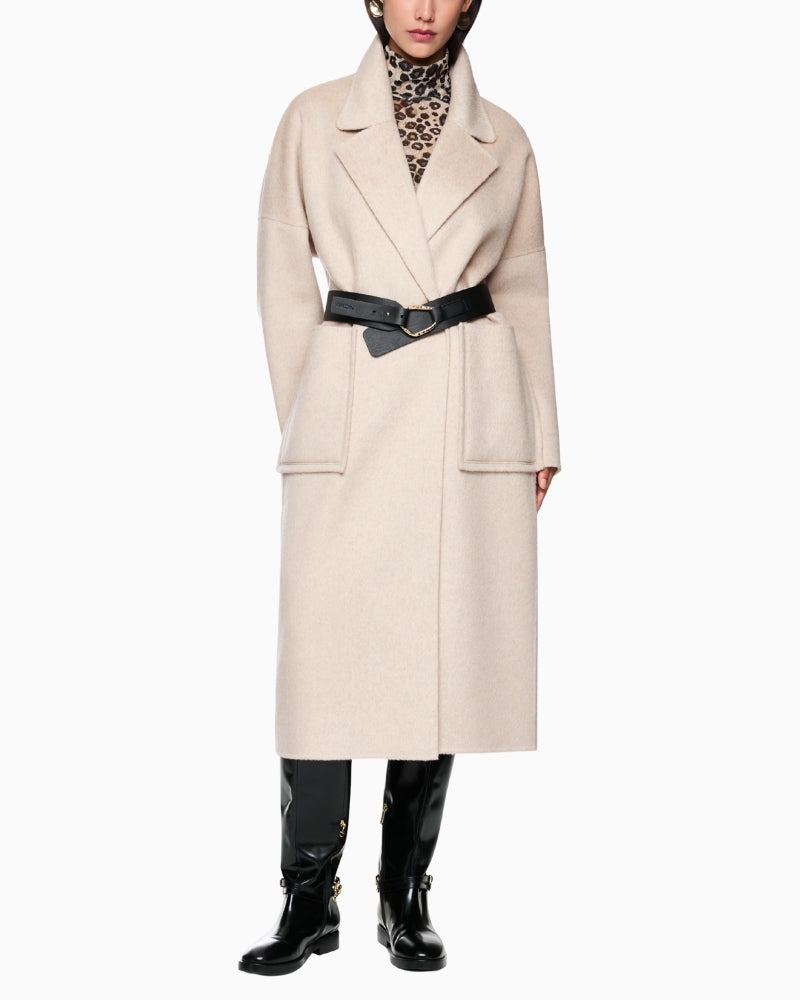 Oversized camel wool coat by Marc Cain with soft texture and relaxed fit