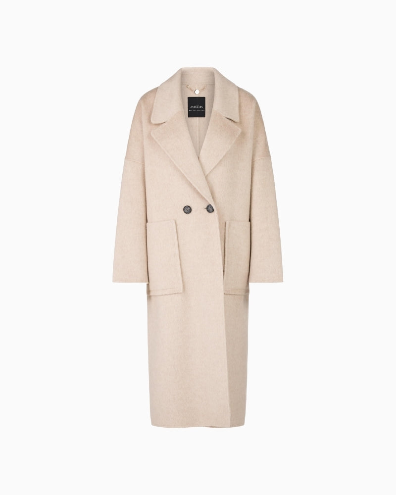 Front view of unlined Marc Cain coat showing button closure and patch pockets