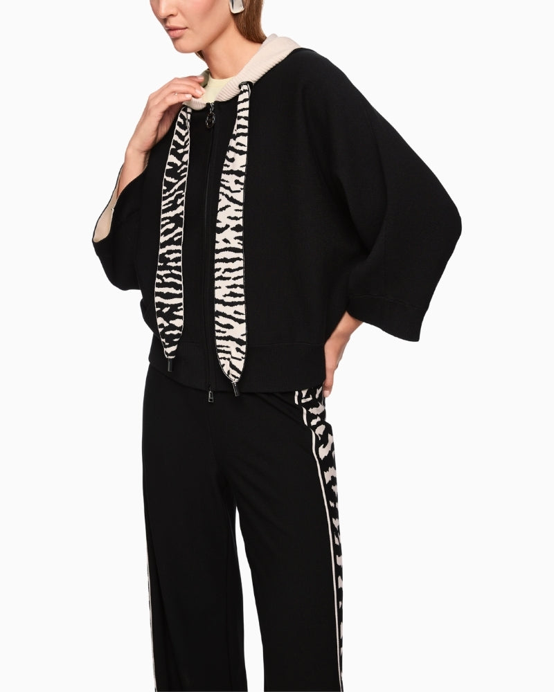 Marc Cain black cardigan with hood, zip front and wide ¾ sleeves