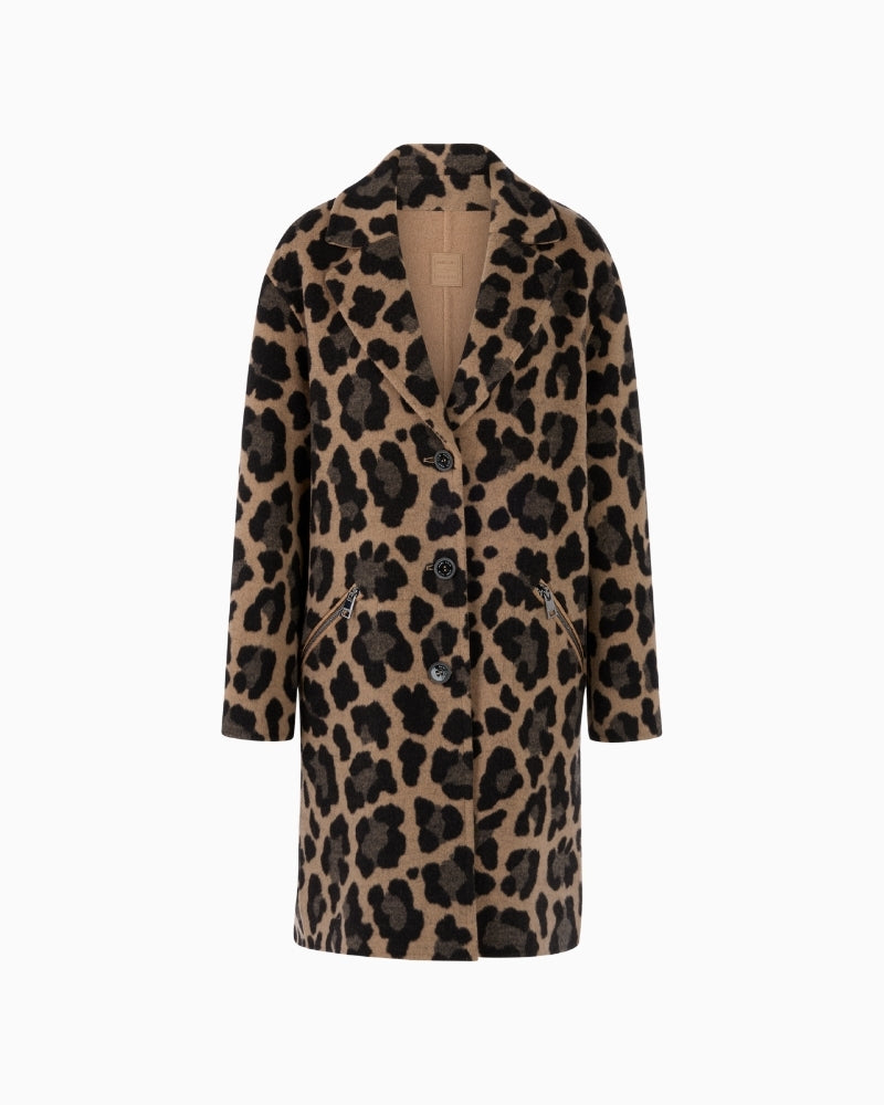 Front view of Marc Cain reversible coat with leopard print and button fastening