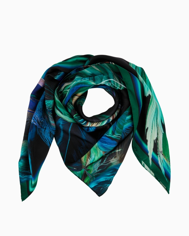 Square silk scarf by Marc Cain with mystical feather print in soft colours