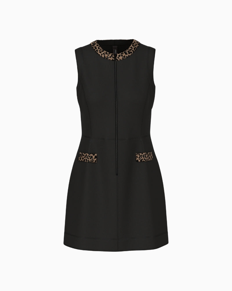 Front view of Marc Cain sleeveless wool dress with front zip and contrast collar