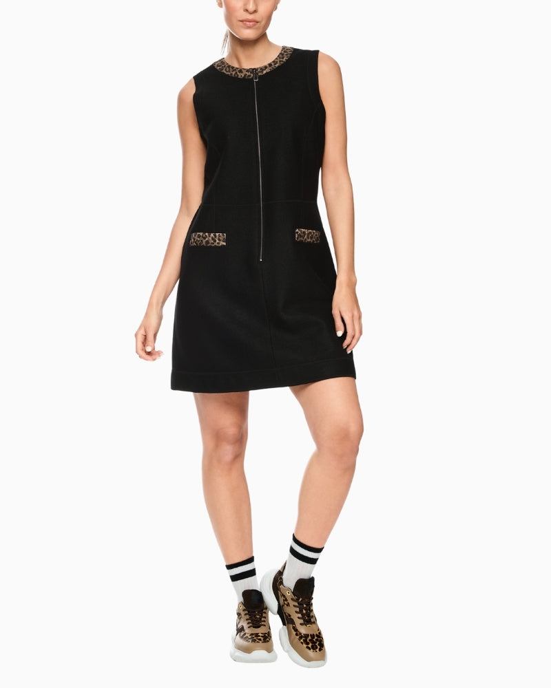 Front view of Marc Cain sleeveless wool dress with front zip and contrast collar