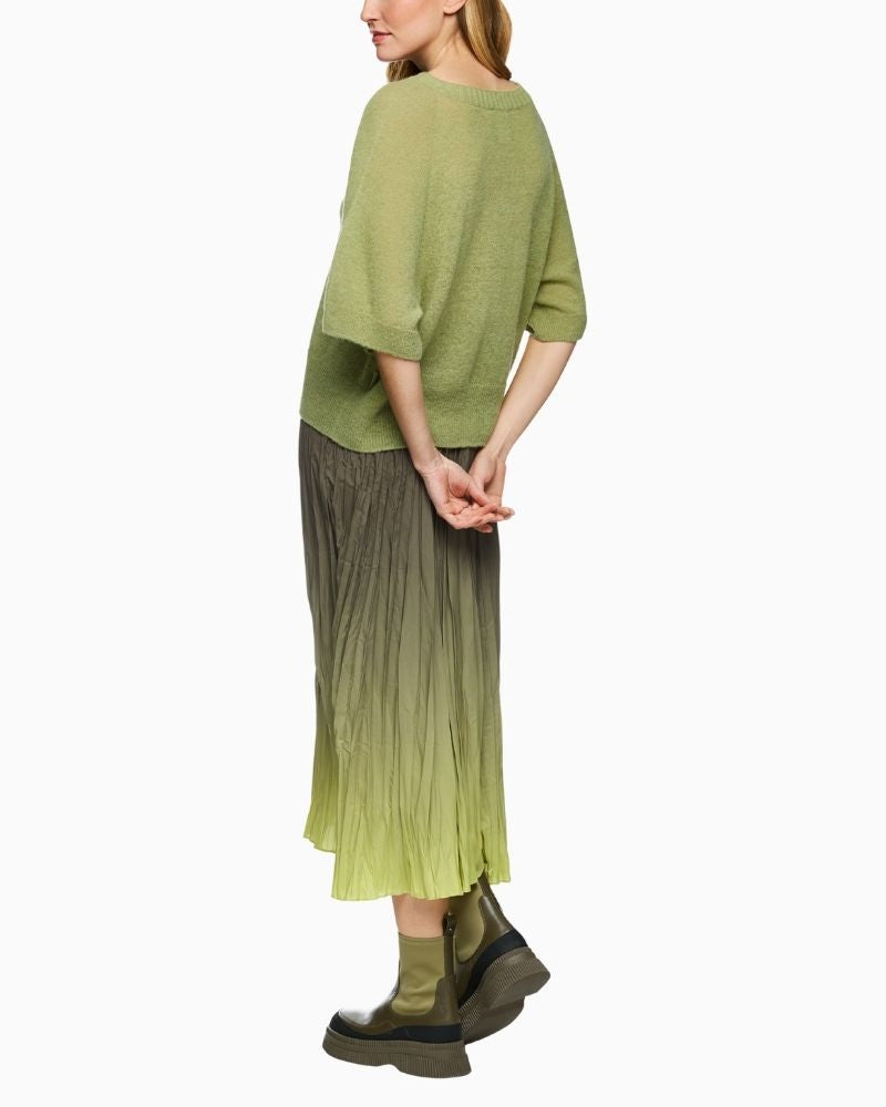 Side view of lightweight wool-blend jumper with round neckline and textured knit