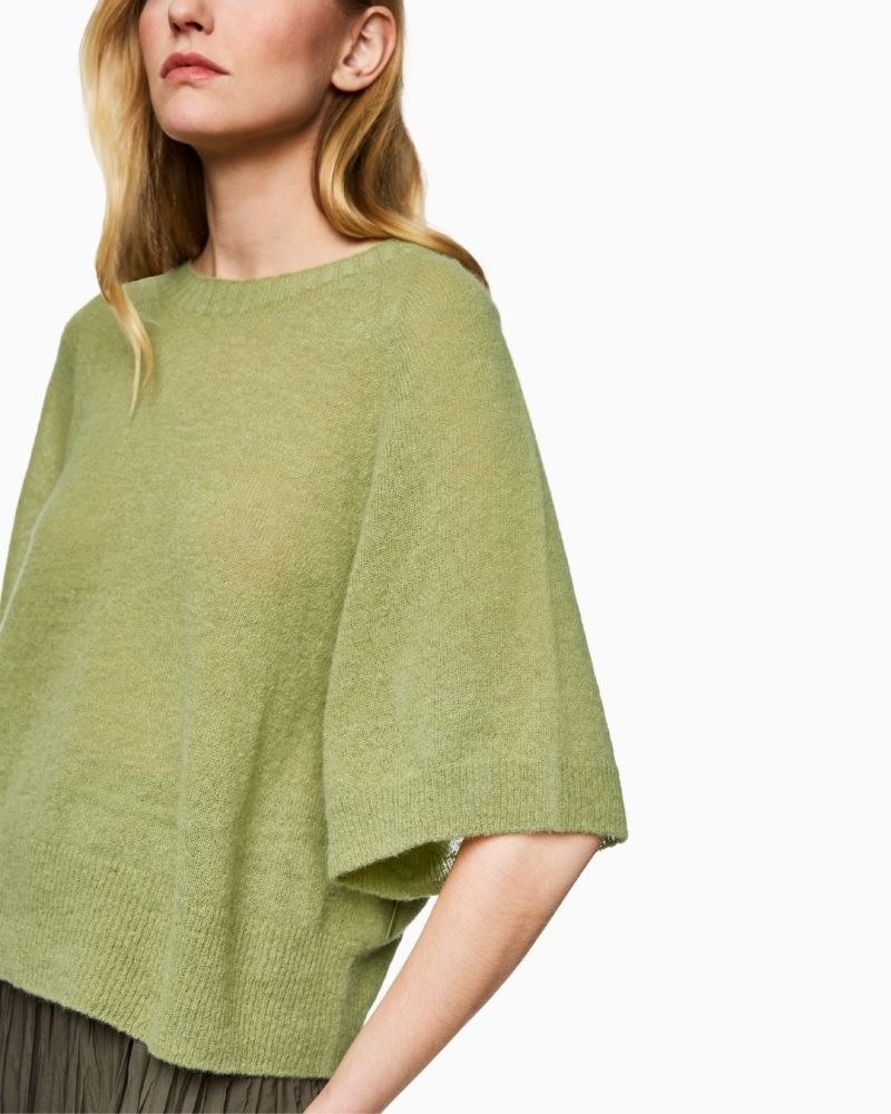 Close up of Marc Cain soft jumper in alpaca blend with wide sleeves and relaxed shape