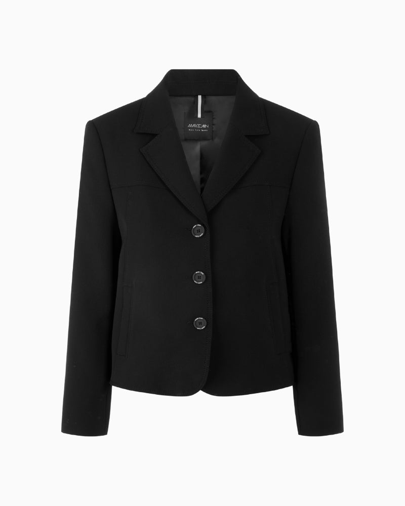 Front view of single-breasted black blazer with soft structure