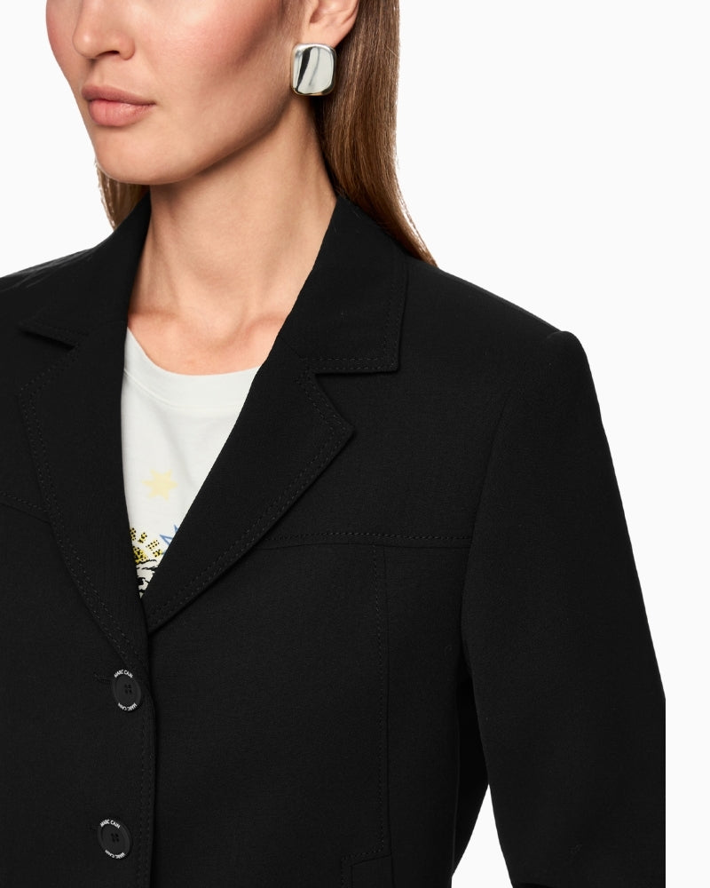 Close-up of cuff slit and smooth stretch fabric on black blazer