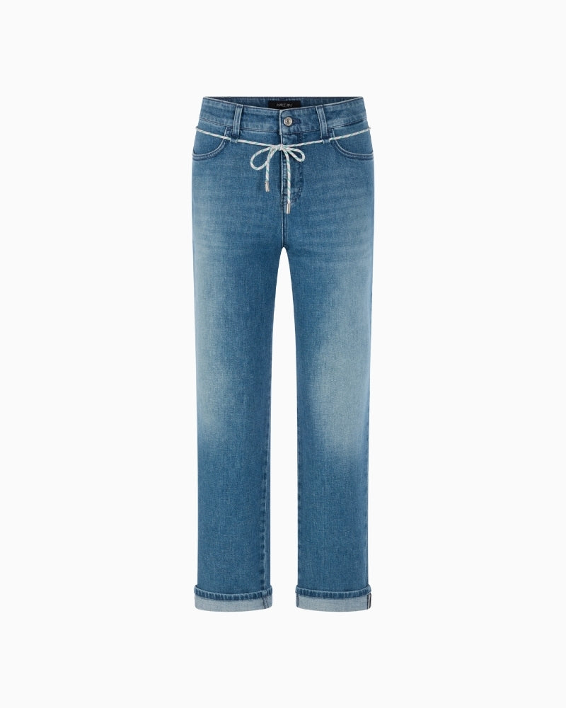 Marc Cain blue straight leg denim pants front view with drawstring waist – Áines Boutique