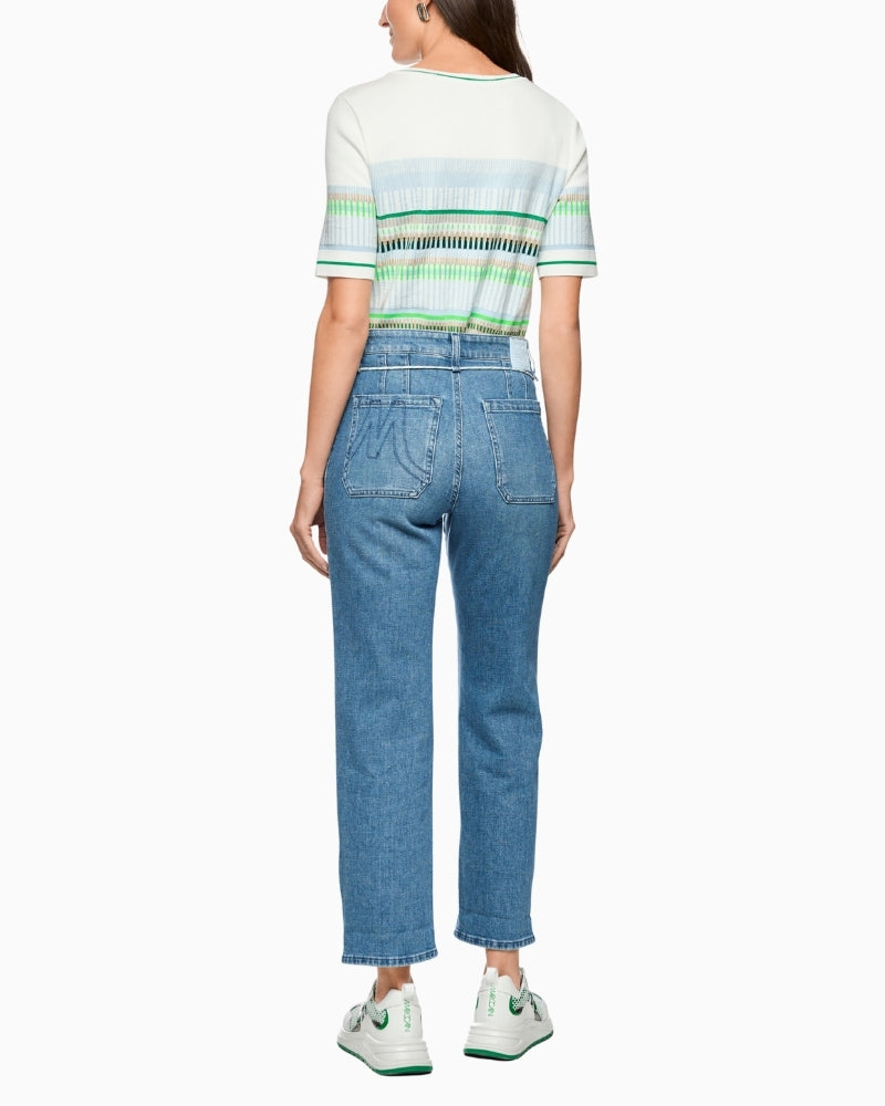 Woman wearing Marc Cain straight leg denim pants back view – Áines Boutique