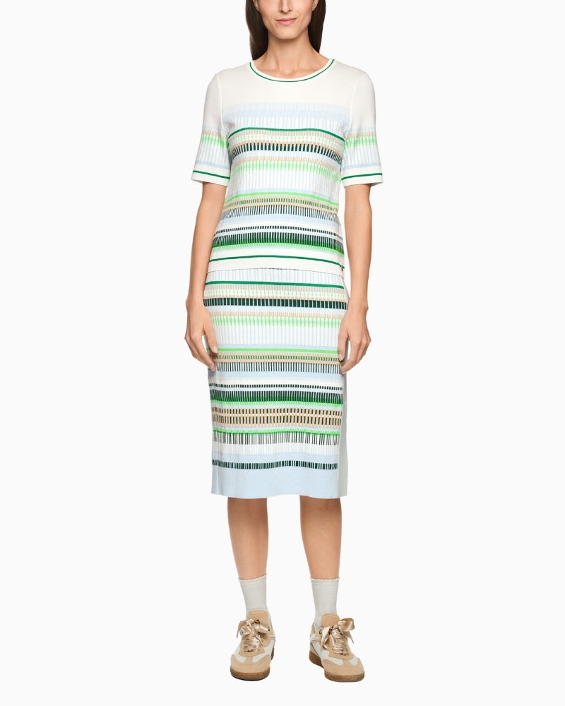 Woman wearing Marc Cain striped knit pullover full outfit – Áines Boutique