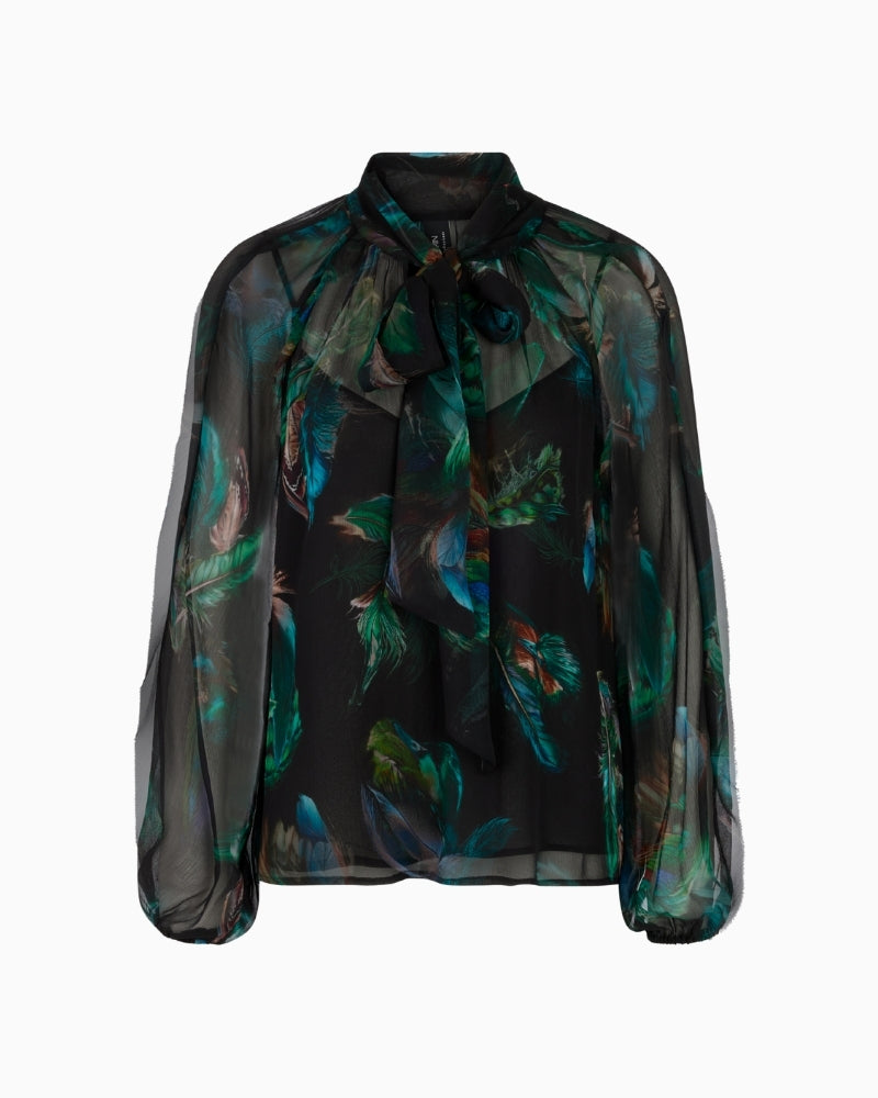 Sheer feather-print blouse by Marc Cain with bow tie neckline and loose fit